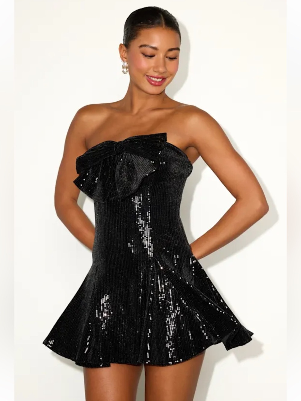 Pamira Black Velvet Sequin Bow Strapless Pleated Mini Dress